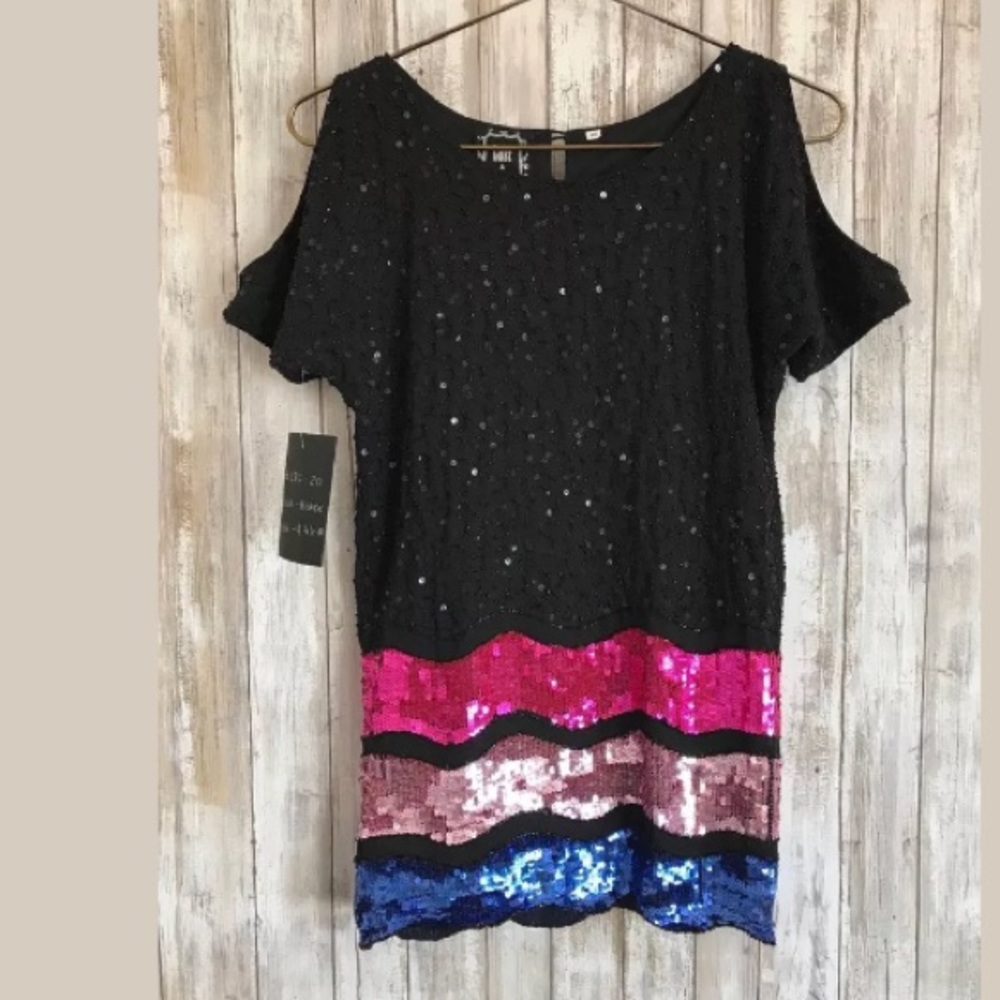Lost & Found VTG Sequin Beaded Black Blue Pink Top